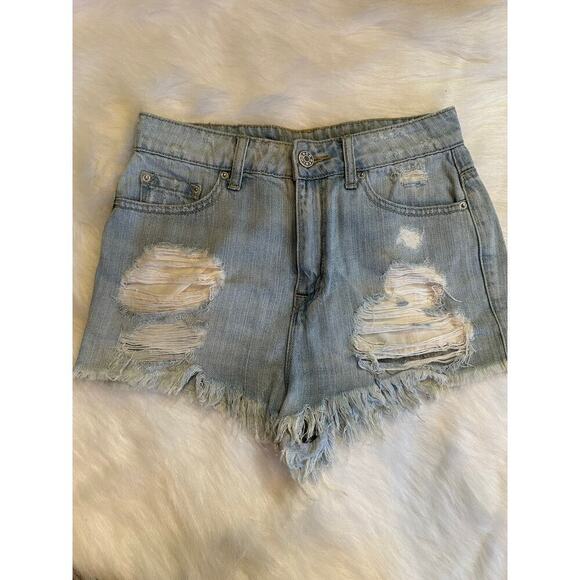 BDG Women's Size 26 Light Blue Super High Rise Cheeky Distressed Shorts - Picture 1 of 5